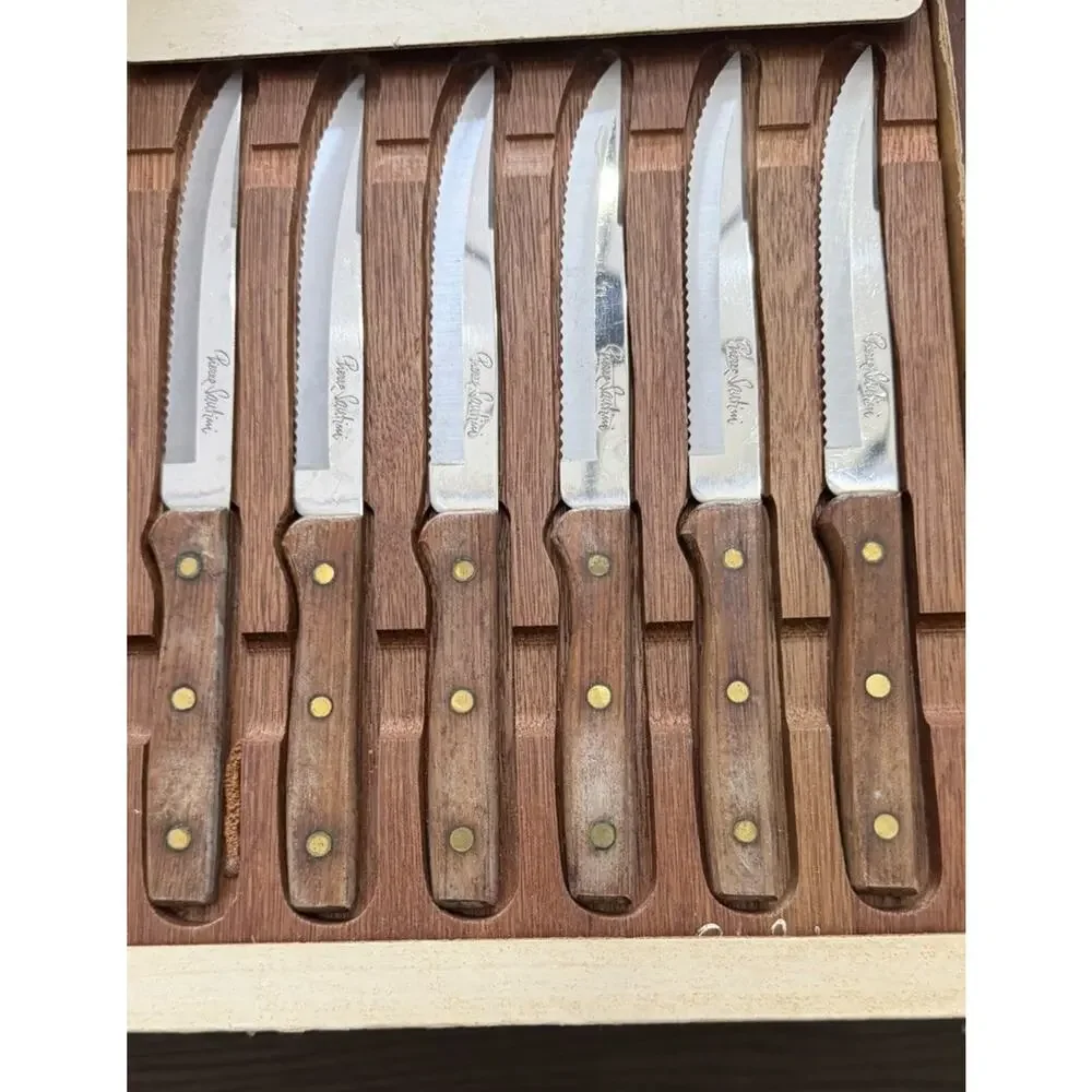Vintage Pierre Santini Steak Knife Set 6 Wood Handle Serrated Knives Box